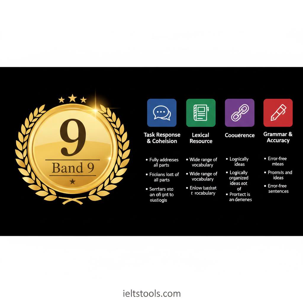 [تصویر: نشان طلایی با نوشته Band 9 و چهار ستون نشان‌دهنده چهار معیار ارزیابی]