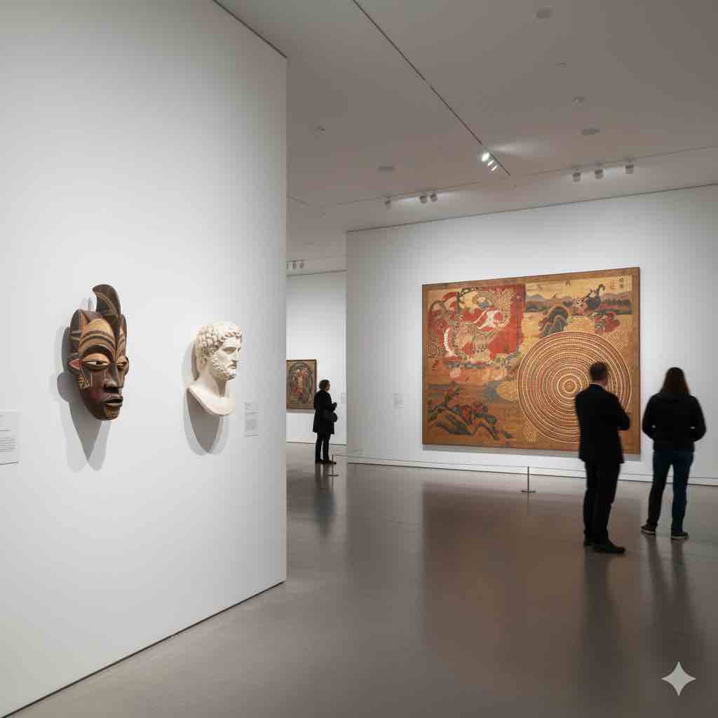 [تصویر: گالری موزه با آثار هنری از فرهنگ‌های مختلف در کنار هم]