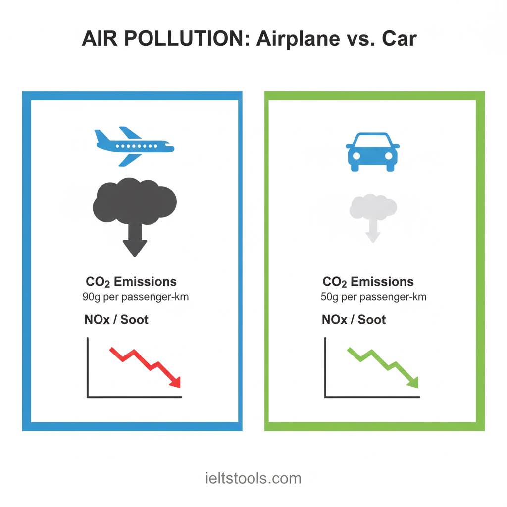 [تصویر: نمودار مقایسه‌ای میزان آلودگی هواپیما در مقابل خودرو با آیکون‌های مناسب]