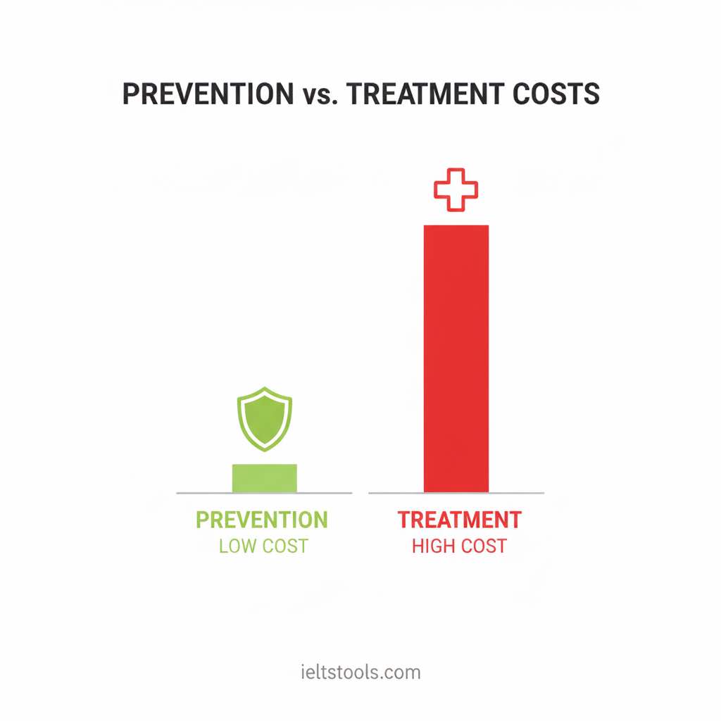 [تصویر: جدول مقایسه‌ای هزینه پیشگیری در مقابل درمان با نمودار میله‌ای]