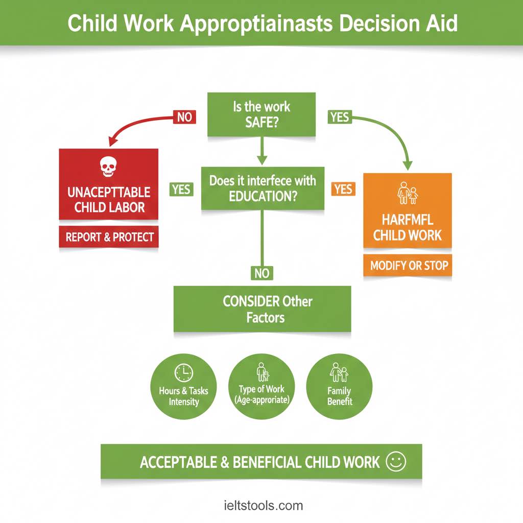 [تصویر: دیاگرام تصمیم‌گیری نشان‌دهنده عوامل مختلف در تعیین مناسب بودن کار کودکان]